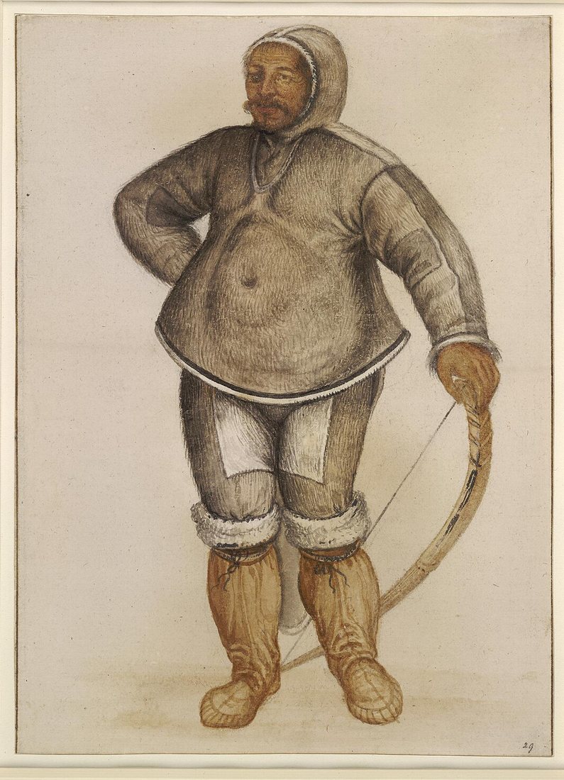 A watercolor drawing of an Inuit man named Kalicho, wearing traditional skin clothing and holding a bow.