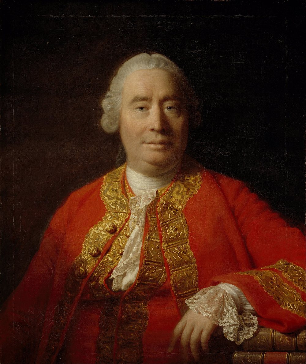 An oil portrait by Allan Ramsay of David Hume in a red jacket and white collar with a slight smile