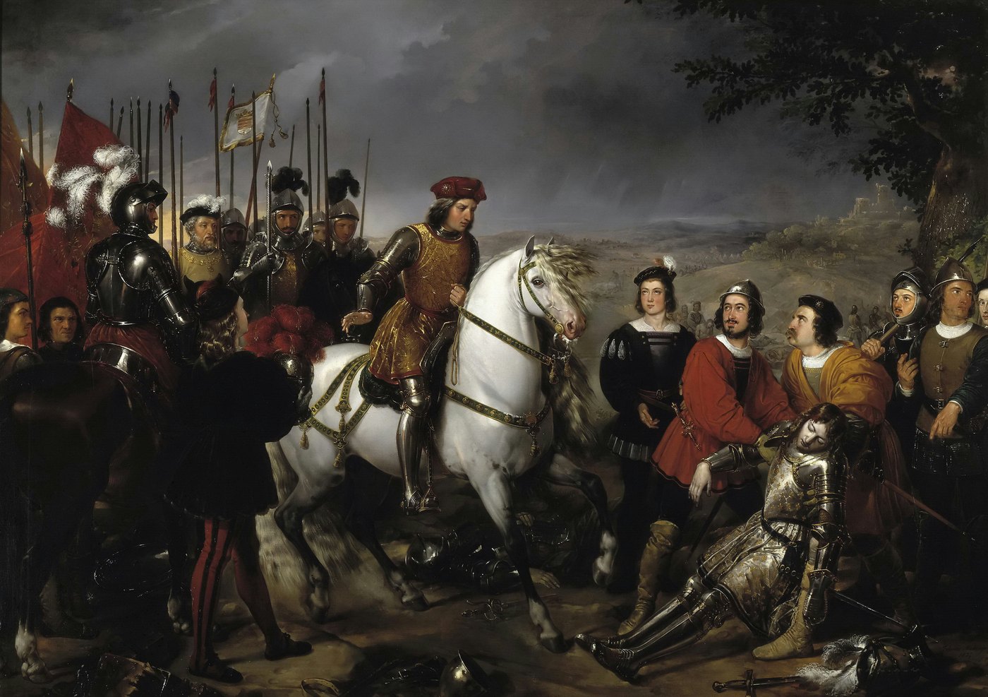 A commander with a red beret on a white horse looks toward soldiers standing over an armored corpse; spears and flags in the background.