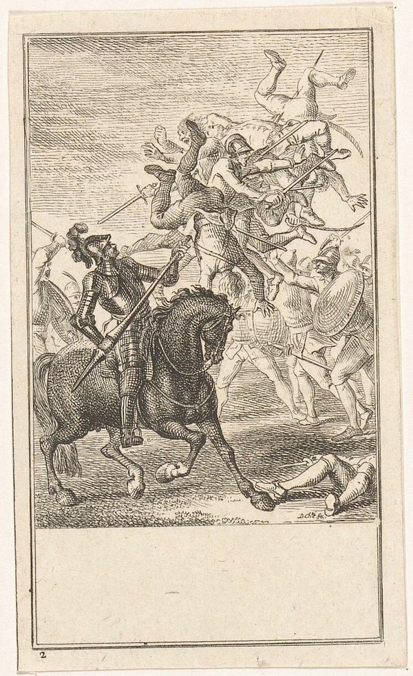 A mounted knight has impaled several infantrymen on his lance, with soldiers fallen on the ground; a small black and white engraving.