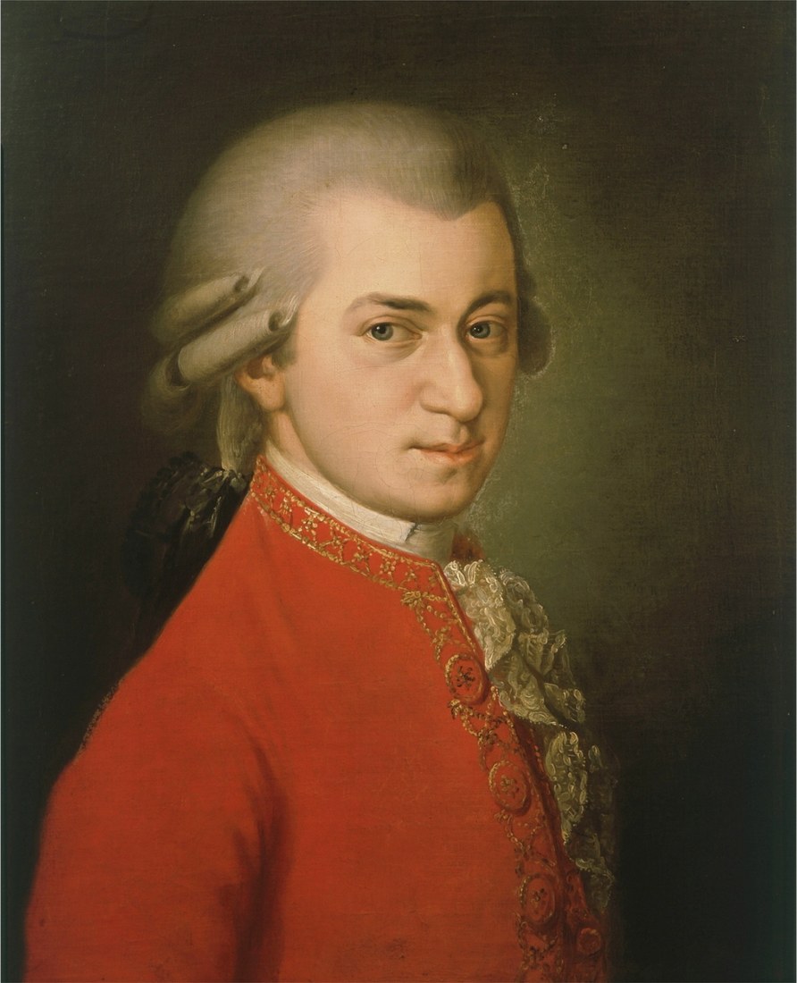 Oil painting portrait of Wolfgang Amadeus Mozart in a red coat and powdered wig